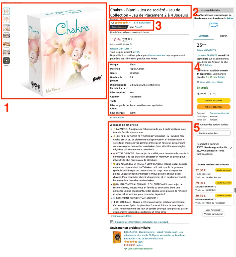 Capture d'une fiche produit Amazon, les éléments importants sont encadrés pour les mettre en évidence, capture d'une fiche produit Amazon du jeu de société Chakra de Blam, choix amazon, amazon choice, titre optimisé, fiche produit optimisée, caractéristiques clés optimisées avec les bons mots-clés, visuels de très bonnes qualités