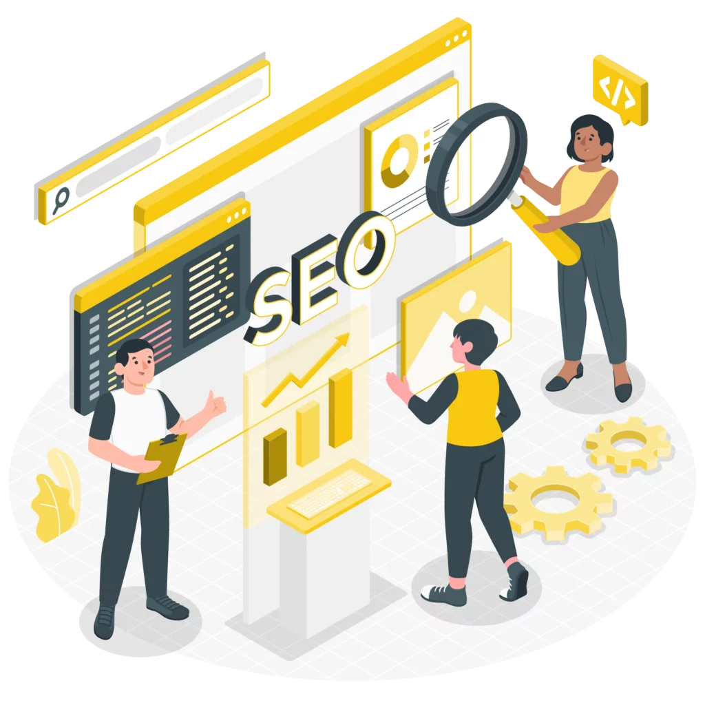 SEO Amazon : un groupe de 3 personnes regardant un écran avec le mot SEO dessus, illustration du corps entier, une personne analyse les chiffres avec une loupe sur un écran, une autre personne fair un signe du doigt pour dire que tout est OK, et une autre personne regarde les écrans, faisceau de fond jaune, géodésique, mise au point luminescente plus nette, longue queue, interface noire, étoile rose à sept branches, défocalisation, appareil complet