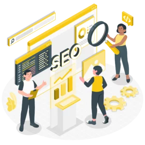 SEO Amazon : un groupe de 3 personnes regardant un écran avec le mot SEO dessus, illustration du corps entier, une personne analyse les chiffres avec une loupe sur un écran, une autre personne fair un signe du doigt pour dire que tout est OK, et une autre personne regarde les écrans, faisceau de fond jaune, géodésique, mise au point luminescente plus nette, longue queue, interface noire, étoile rose à sept branches, défocalisation, appareil complet