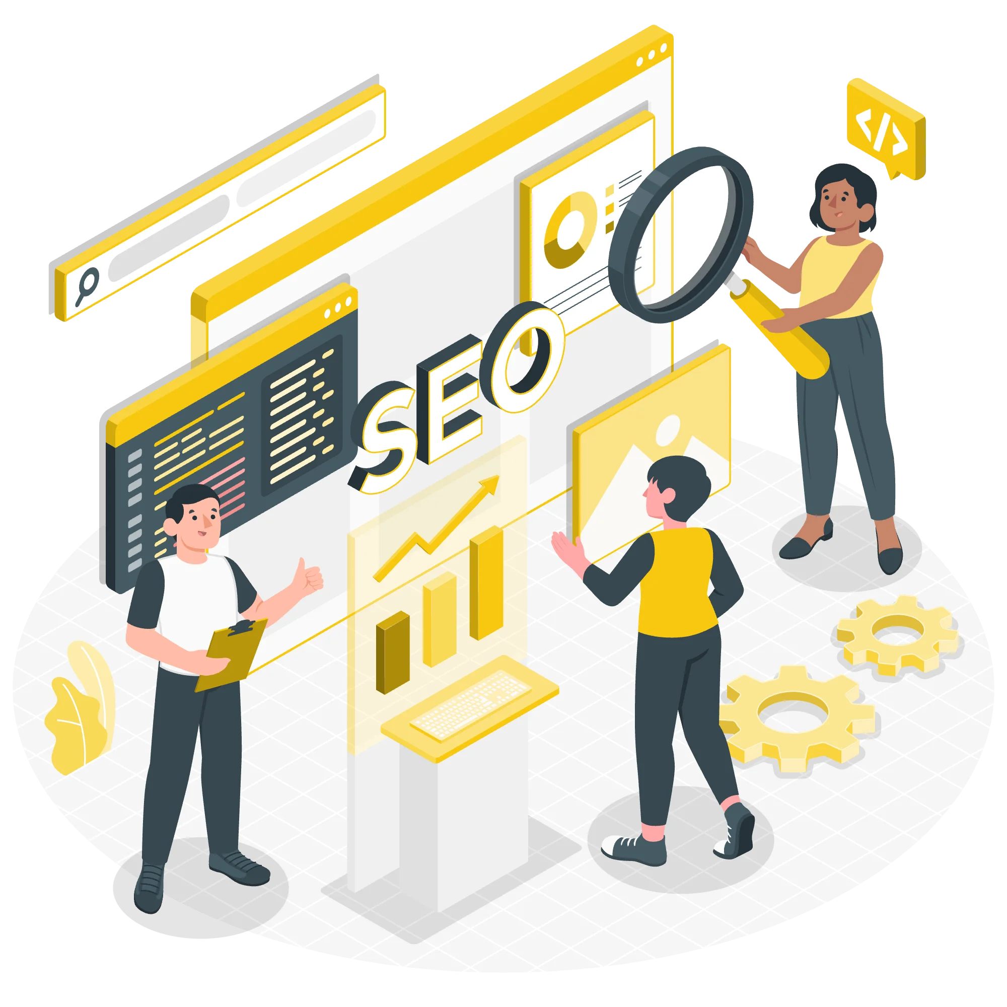 SEO Amazon : un groupe de 3 personnes regardant un écran avec le mot SEO dessus, illustration du corps entier, une personne analyse les chiffres avec une loupe sur un écran, une autre personne fair un signe du doigt pour dire que tout est OK, et une autre personne regarde les écrans, faisceau de fond jaune, géodésique, mise au point luminescente plus nette, longue queue, interface noire, étoile rose à sept branches, défocalisation, appareil complet